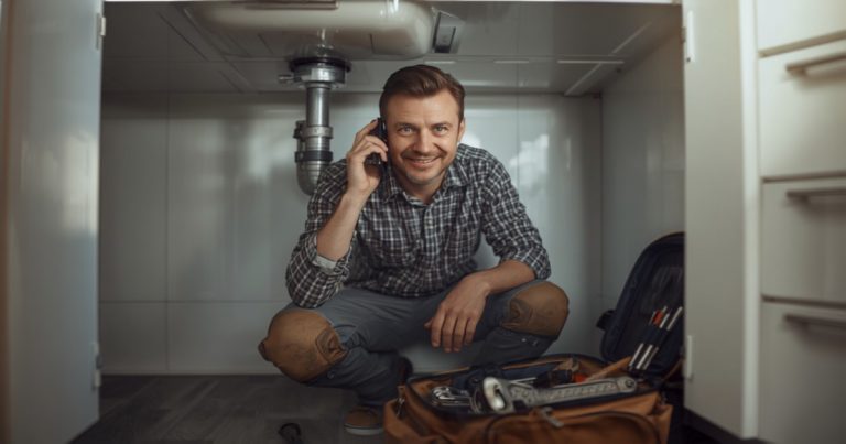 Instalator răspunzând la telefon în timpul unei intervenții — SEO local pentru instalatori