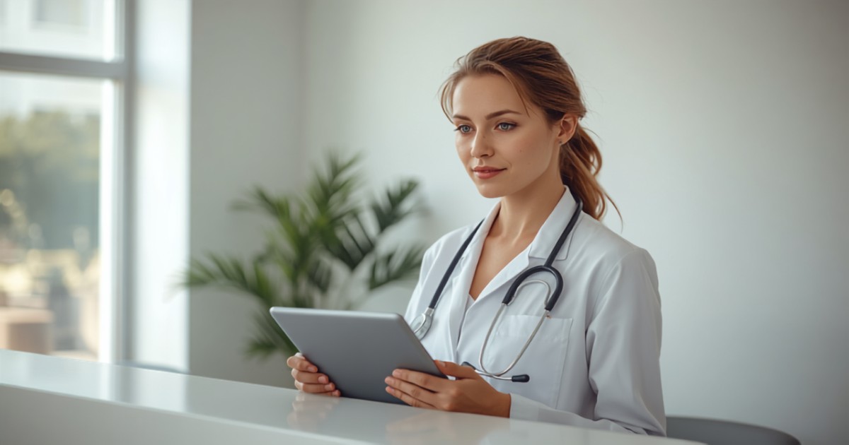 Medic într-o clinică privată verificând recenziile pacienților — SEO local pentru medici