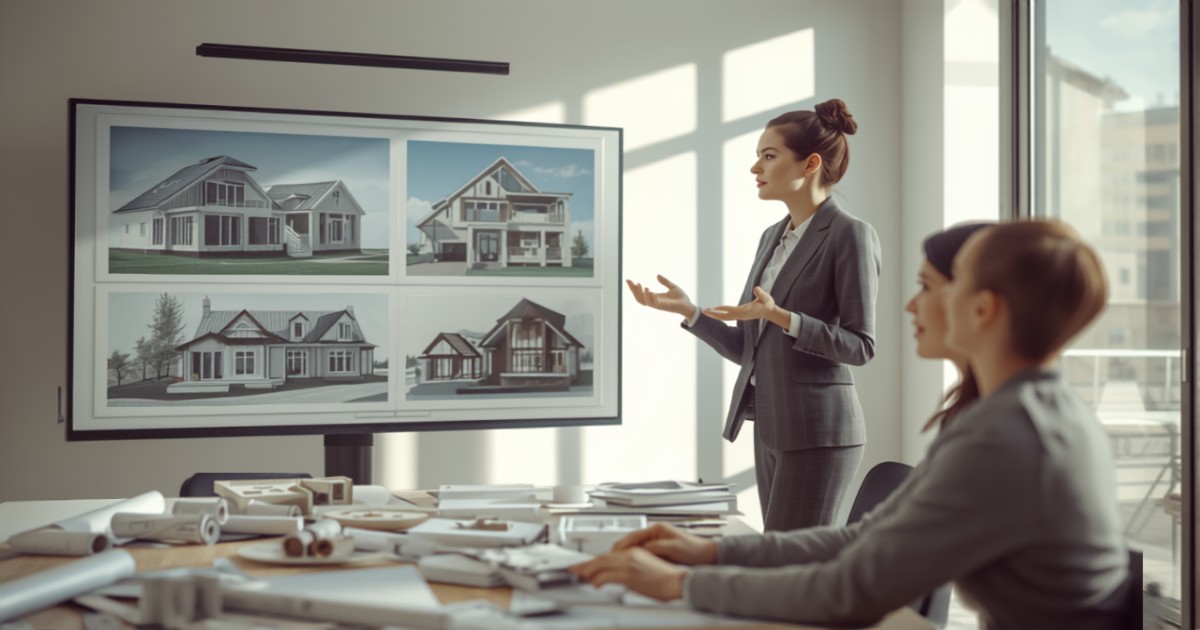 Arhitectă prezentând unui cuplu randările proiectului de casă — SEO local pentru arhitecți