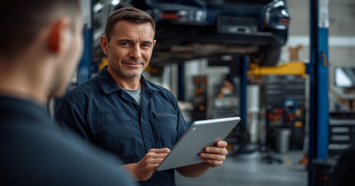 Mecanic auto din service autorizat RAR arătând clientului devizul pe tabletă — SEO local pentru service auto